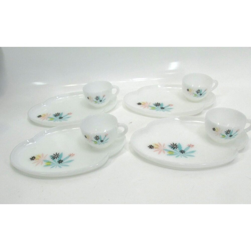 Vintage Anchor Hocking Fire-King Milk Glass Snack 3 Sets 4 Cups & Plates Atomic